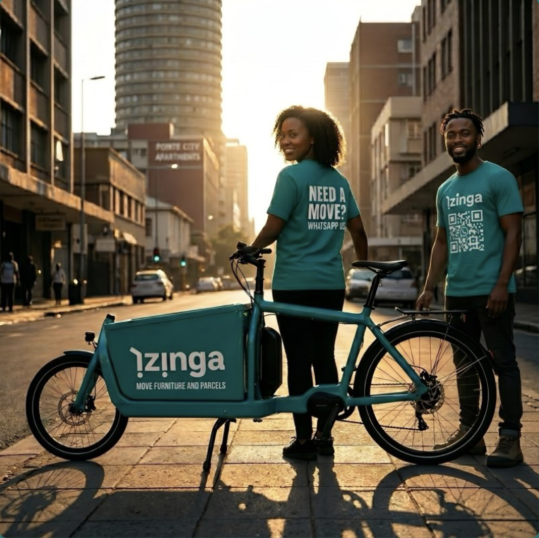 Two people in iZinga Ambassador t-shirts next to an iZinga cargo bike on a Durban street at golden hour