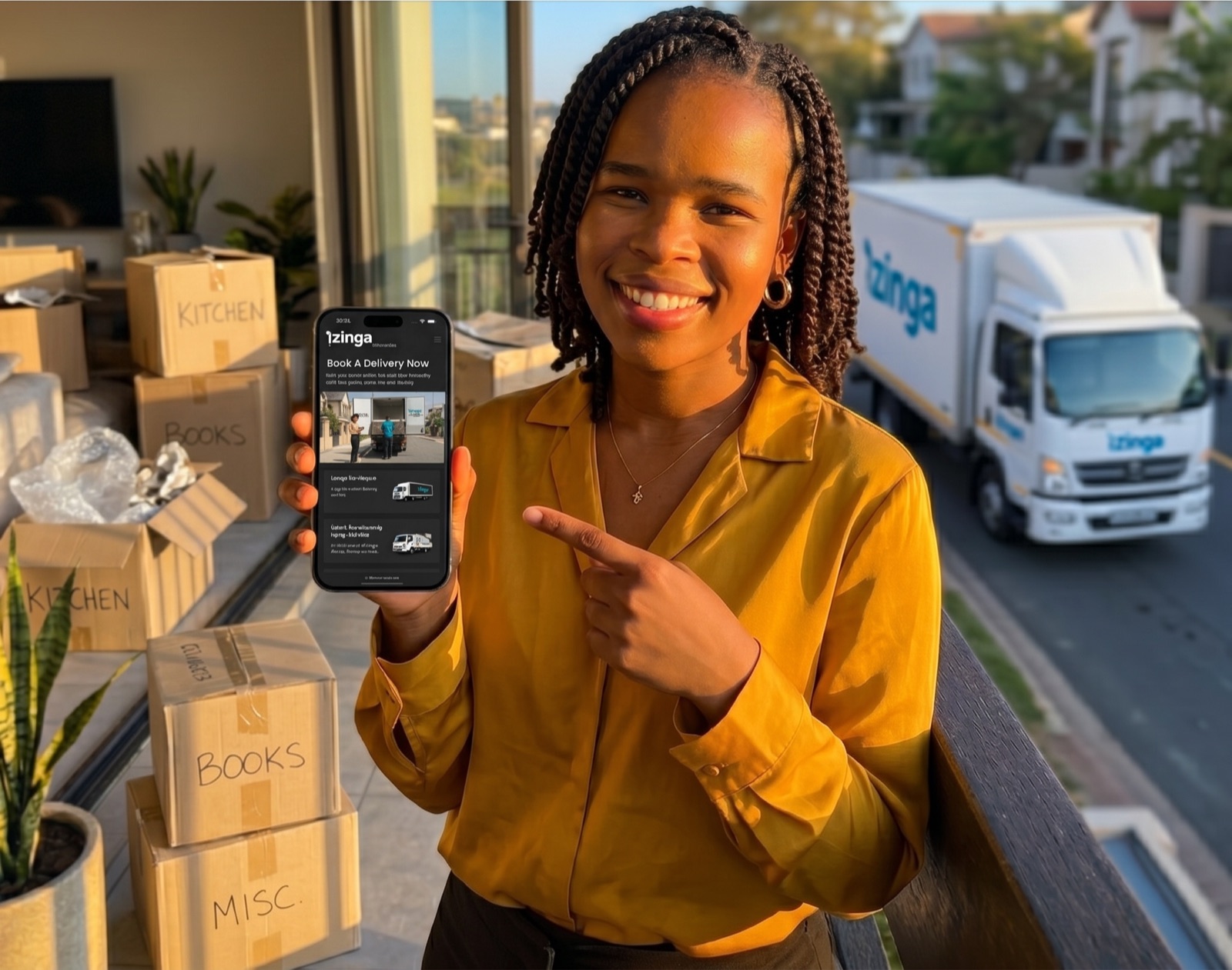 Customer on apartment balcony holding phone showing the iZinga app, with moving boxes and iZinga delivery truck visible below