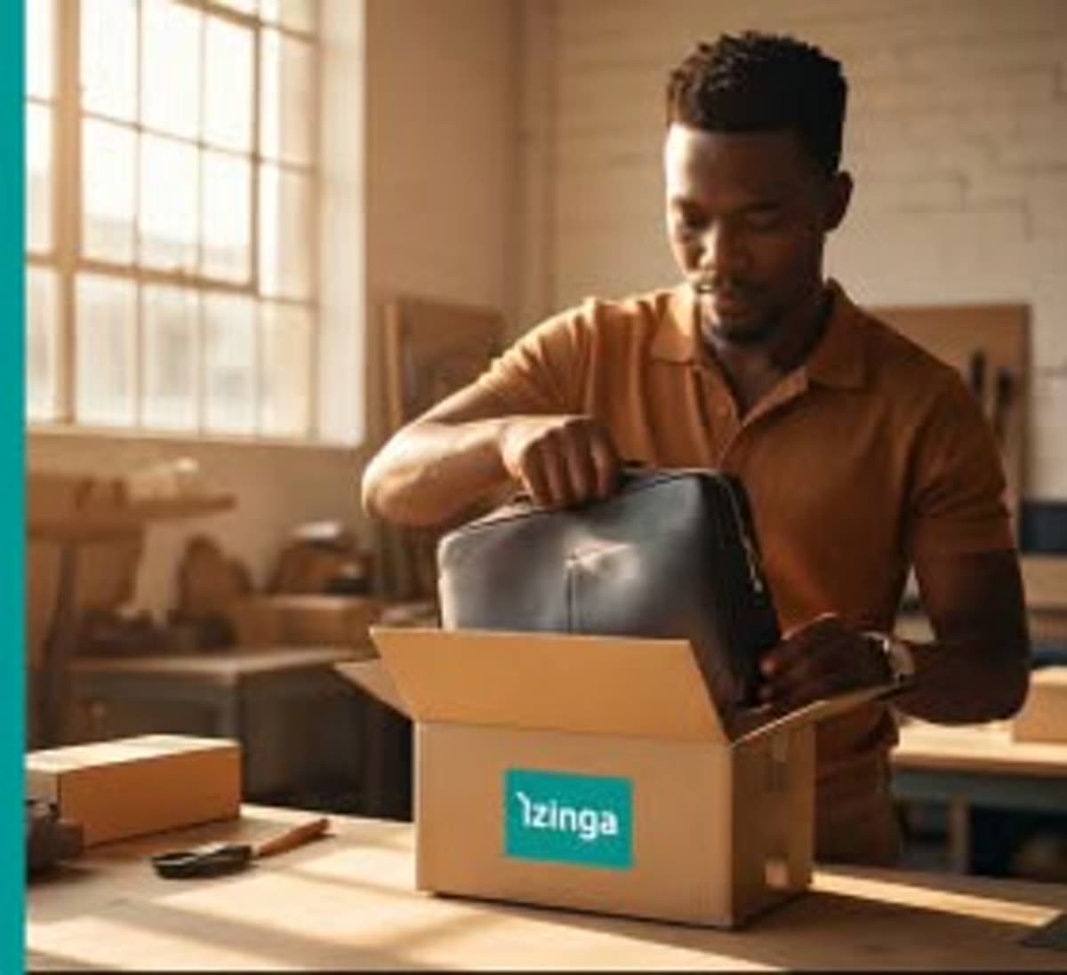 iZinga driver carefully packing a leather bag into a branded iZinga delivery box at a warehouse workbench