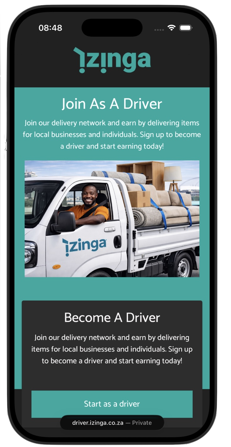iZinga Join As A Driver app screen showing branded Kia K2700 bakkie