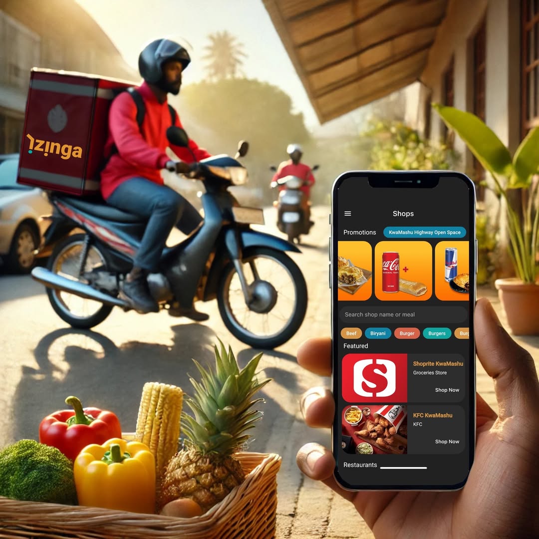 iZinga motorbike courier with branded delivery box and food app screen showing Shoprite and KFC listings